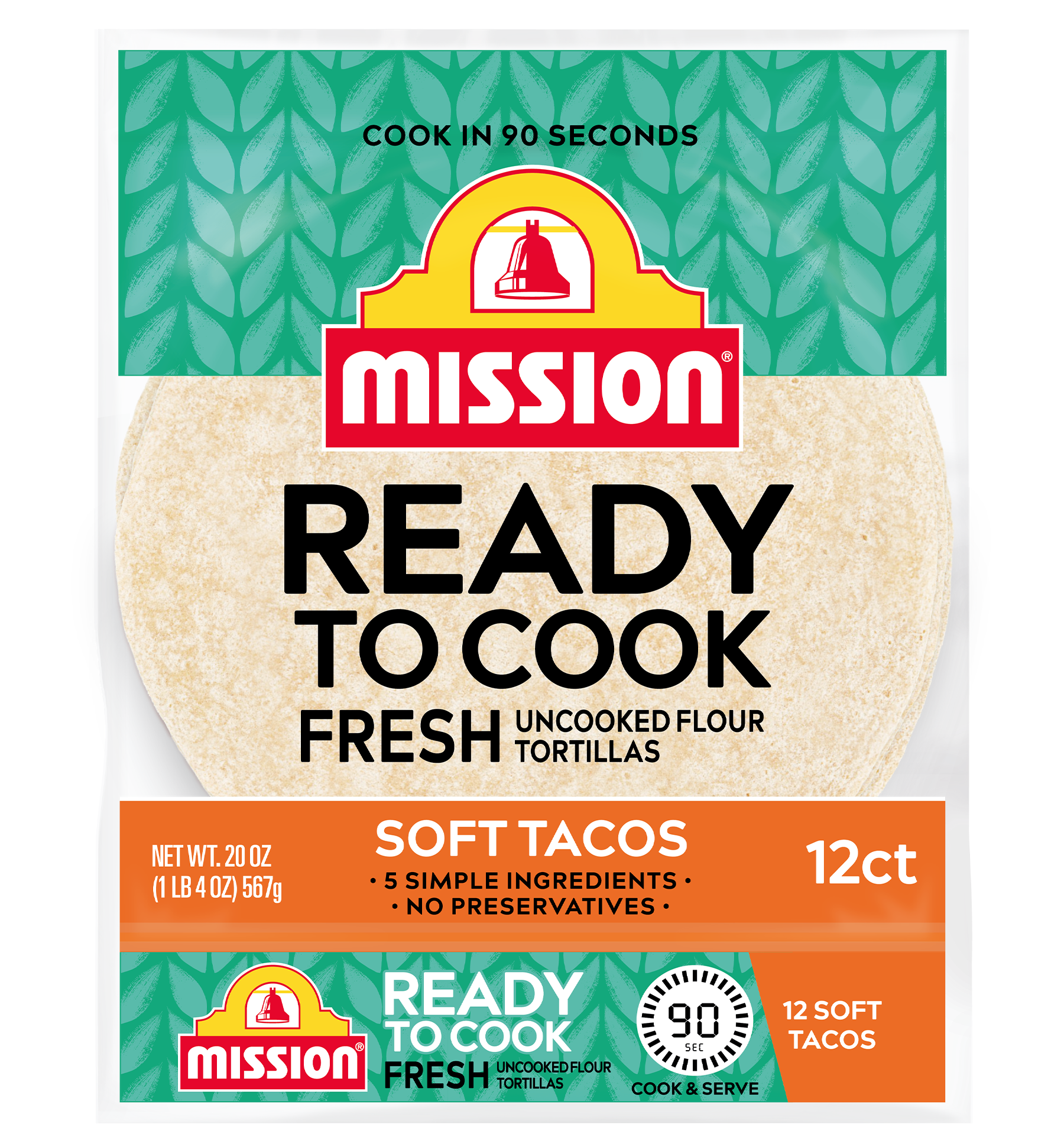 graphic showing Mission Ready to Cook Uncooked Flour Tortillas packaging