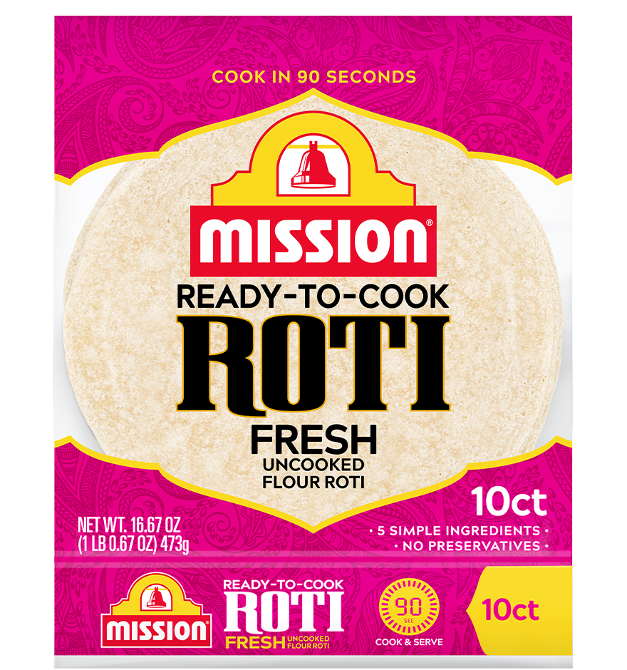 graphic showing Mission Ready to Cook Roti Fresh Uncooked Four Roti packaging